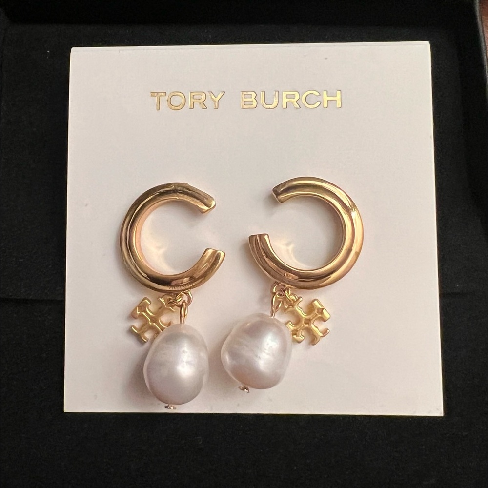 Tory Burch Gold Hoops with Pearl Drops